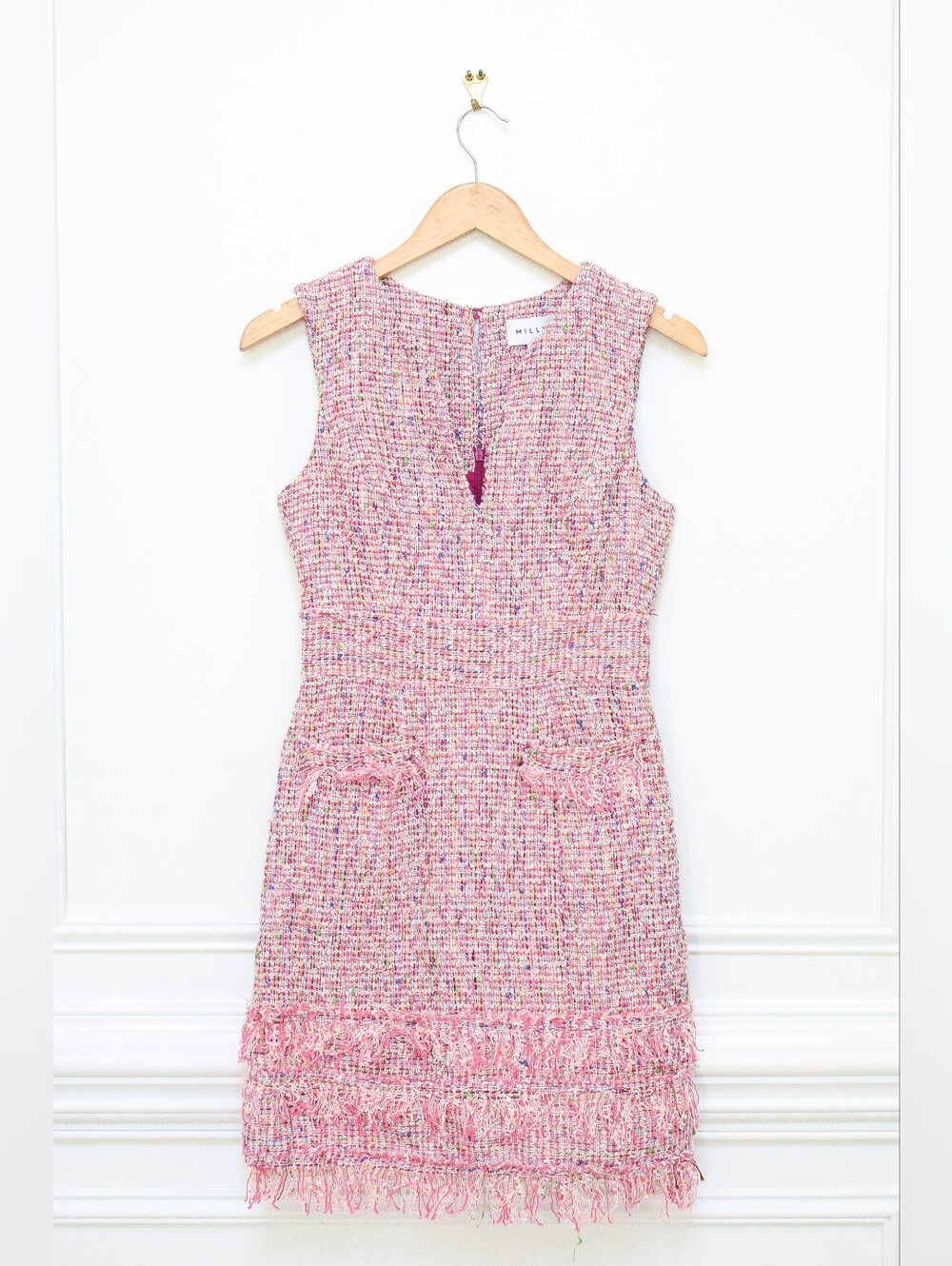 NWT Milly Gabby Fringe Tweed Dress Pink Size 0 Sheath Knee Length Preppy Retro - Picture 2 of 10